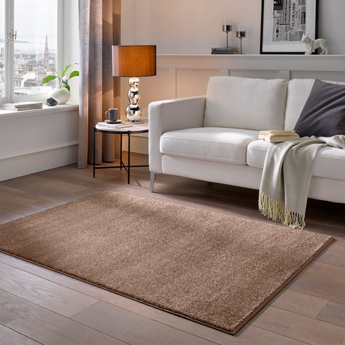 Kurzflor Teppich Designer | Flauschiger Flachflor fürs Wohnzimmer, Esszimmer, Schlafzimmer oder Kinderzimmer | Braun